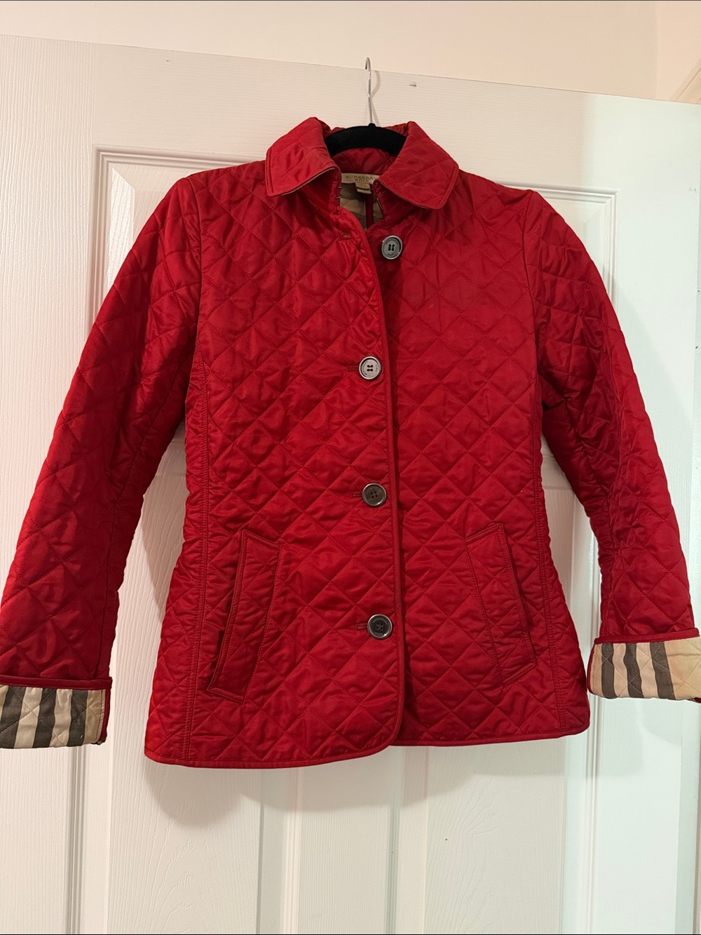 Burberry Brit Red Quilted Button-Front Coat with Check Cuff Detail